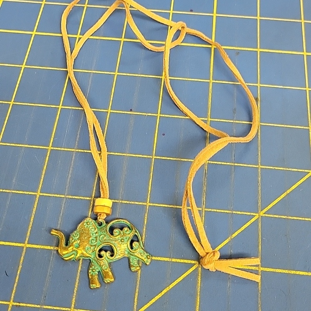 Gold Tone & Turquoise Colored African Elephant Pleather Brown 32" Necklace